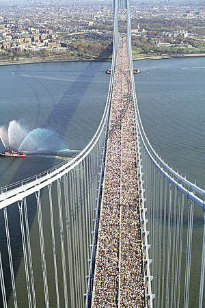 Elevated view of the New York Marathon crossing Verrazano Bridge in Staten Island, New York, USA.