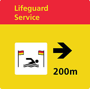 Red and yellow sign with an icon of man swimming,  informing that nearest lifeguard station is at 200 meters. 